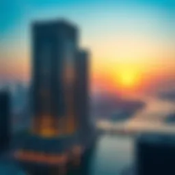 A stunning view of Creek Edge Tower against the backdrop of Dubai Creek
