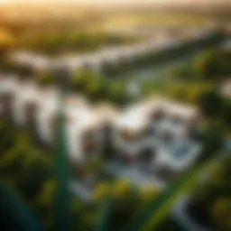 Aerial view showcasing the lush landscapes and architectural diversity of Discovery Gardens.