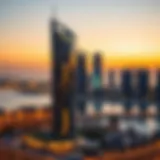 A panoramic view of Al Majara Tower against the dazzling Dubai Marina skyline at sunset.