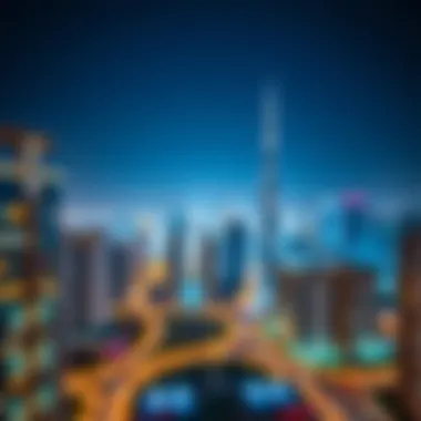 A skyline view of Business Bay at night