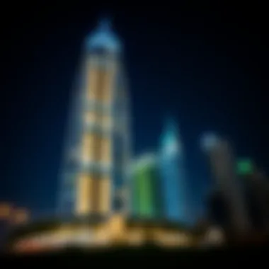 Nighttime illumination of the Blue Tower showcasing its modern design