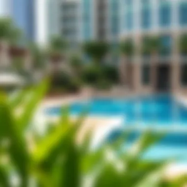 Luxurious Swimming Pool at Burj Vista Luxurious swimming pool at Burj Vista surrounded by greenery