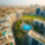 A stunning aerial view of Dubai South Residence showcasing its modern architecture and greenery