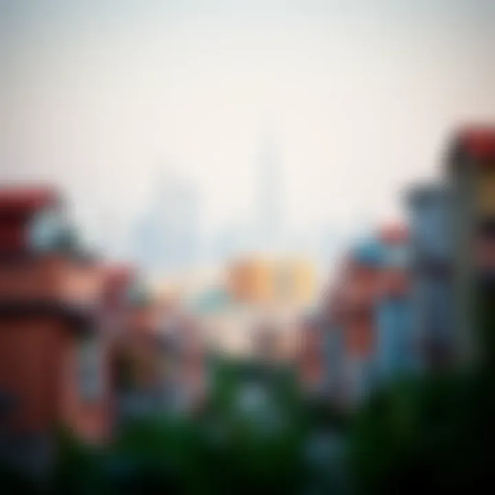 Vibrant Dubai neighborhood with iconic skyline backdrop