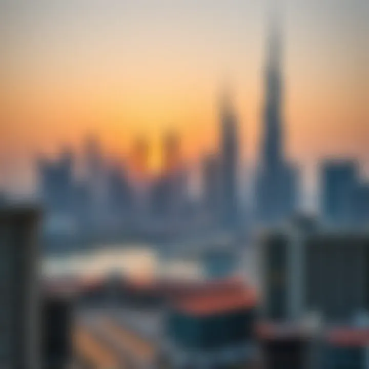 Scenic view of Dubai skyline at sunset