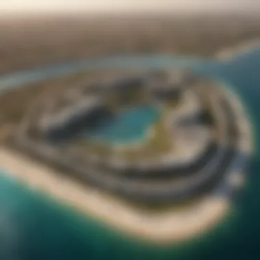 Aerial view of Rixos Dubai Islands showcasing its unique architecture and surrounding landscape.