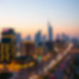 Modern skyline of Studio City Dubai at dusk