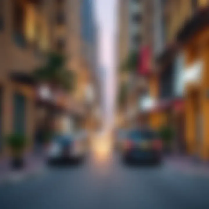 Vibrant Street Scene A bustling street scene in International City with shops and cafes