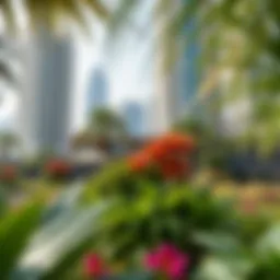 Lush botanical garden surrounded by skyscrapers