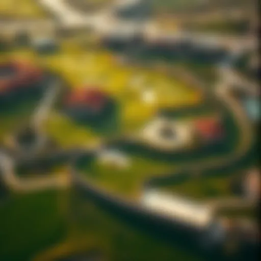 Aerial view of the lush golf course at Damac Hills