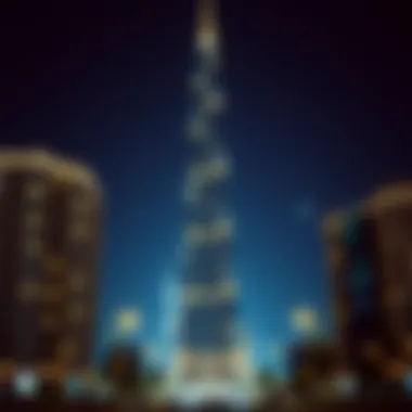 Night View of Wasl Tower Night view of Wasl Tower illuminated, symbolizing Dubai's vibrant nightlife