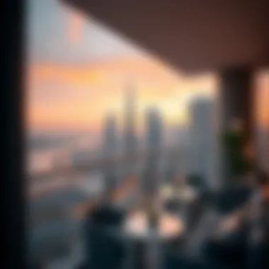 A vibrant view of Dubai's skyline from a shared apartment balcony, representing urban living