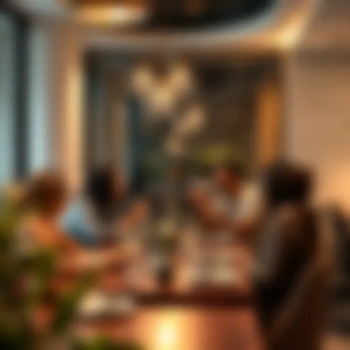 A group of friends engaged in a lively discussion in a shared dining area, emphasizing social interactions