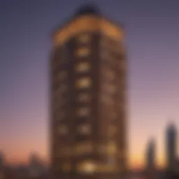 Stunning exterior view of Oudah Tower at sunset