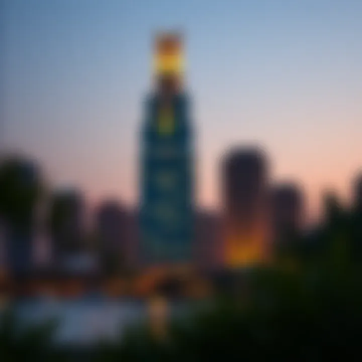 Tamouh Tower Illuminated at Dusk Evening illumination of Tamouh Tower showcasing its architectural beauty