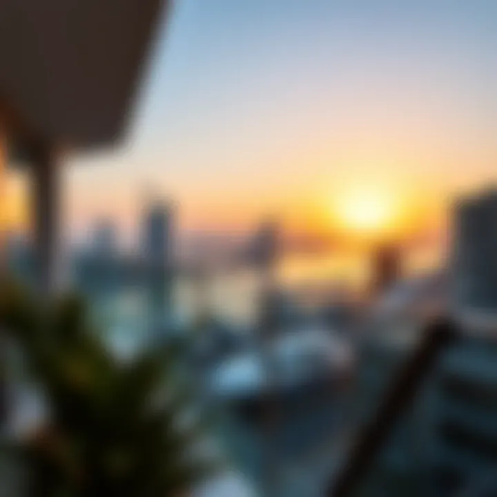 Luxury Living by Dubai's Waterfront A luxurious apartment with a view of Dubai's waterfront during sunset