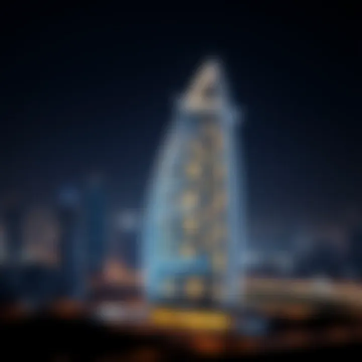 Illuminated Night View Against Skyline Night view of the White Swan Building illuminated against the Dubai skyline